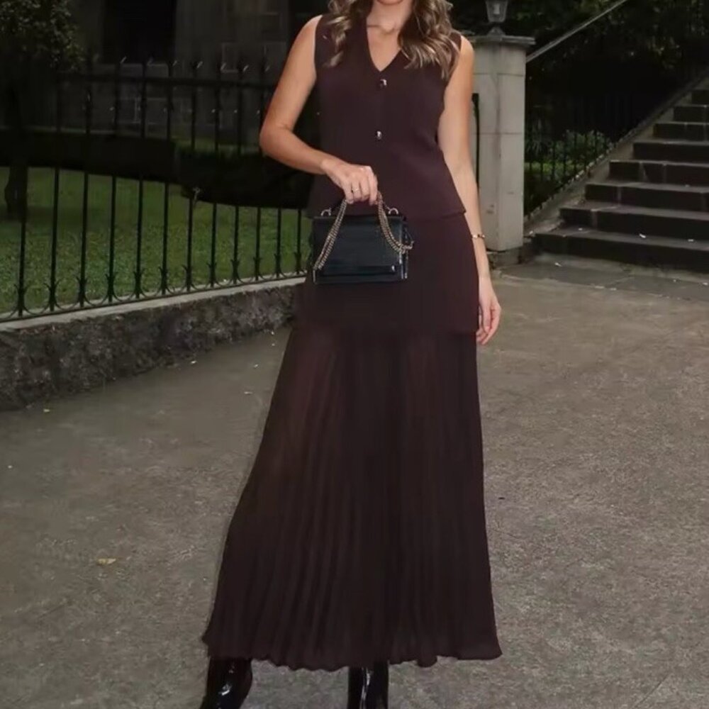 Sleeveless V-Neck Structured Top in Dark Brown - Elegant Women's Top - Picture 2 of 3